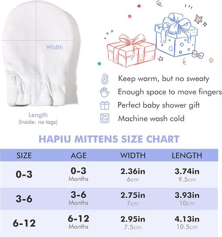 قفازات HAPIU Baby المقاومة للخدش تبقى ثابتة، 100% قطن قابلة للتنفس، قفازات أطفال قابلة للتعديل للأولاد والبنات، حديثي الولادة - 12 شهرًا in Kuwait