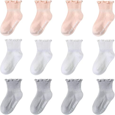 Aroveea Toddler Socks Non Slip Grip Ankle Baby 12 Pack for Kids Boys Girls | Soft combed cotton; safety silicone on bottom; machine washable; fits 6M to 7Y children indoor outdoor play all season in Saudi Arabia