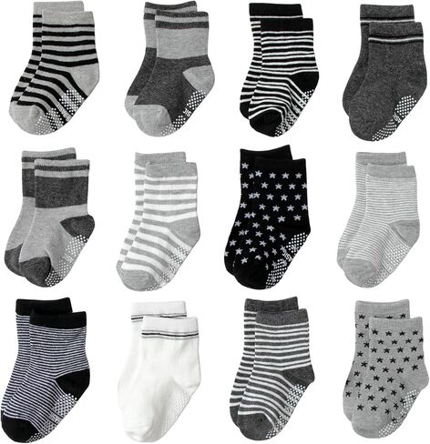 Aroveea Toddler Socks Non Slip Grip Ankle Baby 12 Pack for Kids Boys Girls | Soft combed cotton; safety silicone on bottom; machine washable; fits 6M to 7Y children indoor outdoor play all season in Saudi Arabia