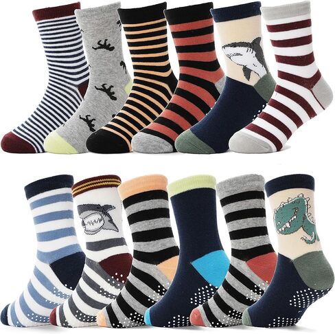 ANTSANG Baby Boys Grips Socks, Kids Toddlers Infants Crew Cotton Socks | 12 Pairs, Smooth Toe, High Elasticity, Soft Touching, Breathable, Moisture-Wicking, Non Slip/Anti Skid Socks in Saudi Arabia
