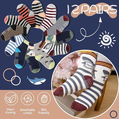 ANTSANG Baby Boys Grips Socks, Kids Toddlers Infants Crew Cotton Socks | 12 Pairs, Smooth Toe, High Elasticity, Soft Touching, Breathable, Moisture-Wicking, Non Slip/Anti Skid Socks in Saudi Arabia