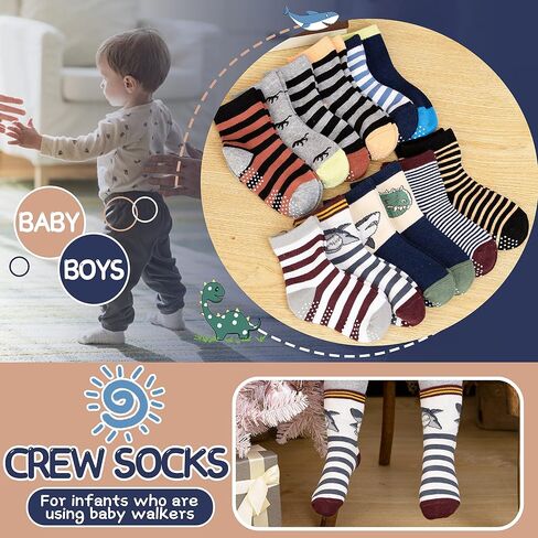 ANTSANG Baby Boys Grips Socks, Kids Toddlers Infants Crew Cotton Socks | 12 Pairs, Smooth Toe, High Elasticity, Soft Touching, Breathable, Moisture-Wicking, Non Slip/Anti Skid Socks in Saudi Arabia