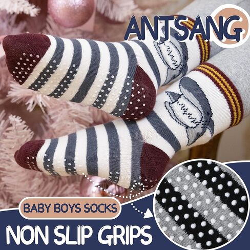 ANTSANG Baby Boys Grips Socks, Kids Toddlers Infants Crew Cotton Socks | 12 Pairs, Smooth Toe, High Elasticity, Soft Touching, Breathable, Moisture-Wicking, Non Slip/Anti Skid Socks in Saudi Arabia