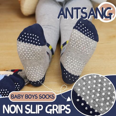 ANTSANG Baby Boys Grips Socks, Kids Toddlers Infants Crew Cotton Socks | 12 Pairs, Smooth Toe, High Elasticity, Soft Touching, Breathable, Moisture-Wicking, Non Slip/Anti Skid Socks in Saudi Arabia