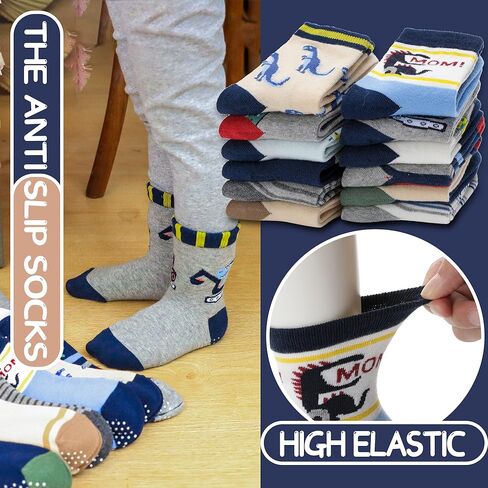 ANTSANG Baby Boys Grips Socks, Kids Toddlers Infants Crew Cotton Socks | 12 Pairs, Smooth Toe, High Elasticity, Soft Touching, Breathable, Moisture-Wicking, Non Slip/Anti Skid Socks in Saudi Arabia