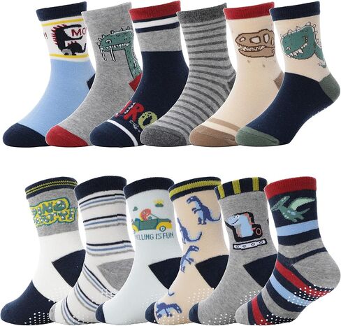ANTSANG Baby Boys Grips Socks, Kids Toddlers Infants Crew Cotton Socks | 12 Pairs, Smooth Toe, High Elasticity, Soft Touching, Breathable, Moisture-Wicking, Non Slip/Anti Skid Socks in Saudi Arabia