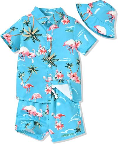 fioukiay Toddler Baby Boy Summer Outfits Little Kids Hawaiian Clothes Short Sets Floral Leave Top Bowtie Shirt in Kuwait