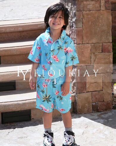fioukiay Toddler Baby Boy Summer Outfits Little Kids Hawaiian Clothes Short Sets Floral Leave Top Bowtie Shirt in Kuwait