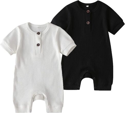 Baby Boy Girl 2 Pack Solid Romper Short/Long Sleeve One Piece Jumpsuits Clothes Sets in Kuwait