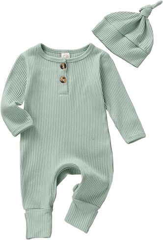 Infant Boys Girls Clothes Set Newborn Baby Romper Hat Ribbed Knit Long Sleeve Button Solid Bodysuit Jumpsuit in Saudi Arabia