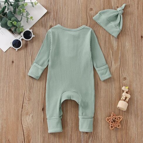 Infant Boys Girls Clothes Set Newborn Baby Romper Hat Ribbed Knit Long Sleeve Button Solid Bodysuit Jumpsuit in Saudi Arabia