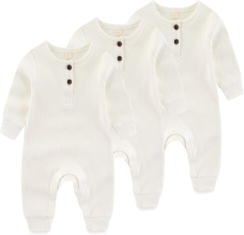 Newborn Baby Boys Girls One Piece Romper With Mitten Cuffs 3 Pack Long Sleeve Ribbed Button Jumpsuit Outfit Clothes in Saudi Arabia