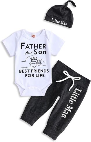 TUEMOS Newborn Infant Baby Boy Clothes Letter Print Romper Pants Set Hat 3PC Outfits Set in Saudi Arabia