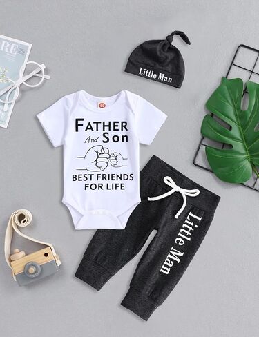 TUEMOS Newborn Infant Baby Boy Clothes Letter Print Romper Pants Set Hat 3PC Outfits Set in Saudi Arabia