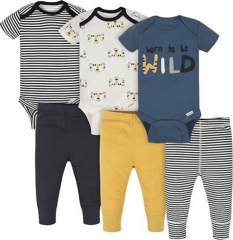 Onesies Brand Baby 3 Onesies 3 Pants Outfit Bundle Mix n Match Newborn to 12M, Black Yellow Tiger Stripe, 3-6 Months in Kuwait