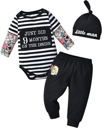 KuKitty Newborn Infant Baby Boy Clothes Long Sleeve Romper + Pants + Hat 3PCS Outfits Set in Kuwait