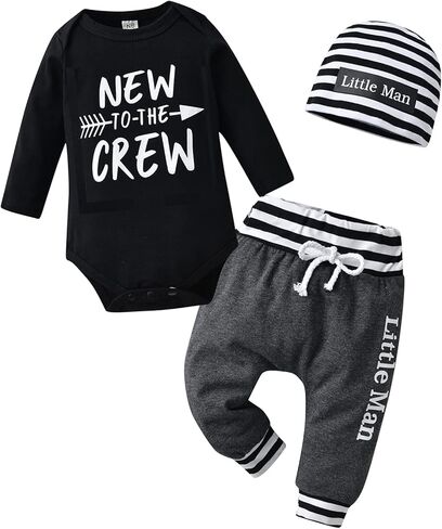 KuKitty Newborn Infant Baby Boy Clothes Long Sleeve Romper + Pants + Hat 3PCS Outfits Set in Kuwait