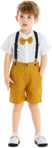 Baby Boy Suspender Clothes Set with Bow Tie Toddler Wedding 4PCS Outfits Infant Short Sleeve Gentlemen Suits in Kuwait