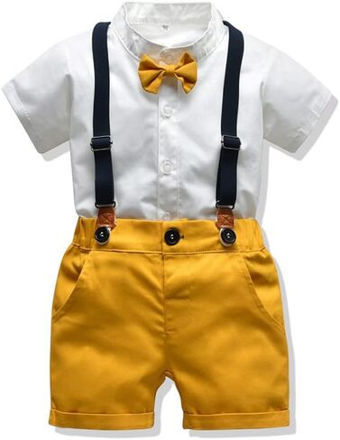 Baby Boy Suspender Clothes Set with Bow Tie Toddler Wedding 4PCS Outfits Infant Short Sleeve Gentlemen Suits in Kuwait