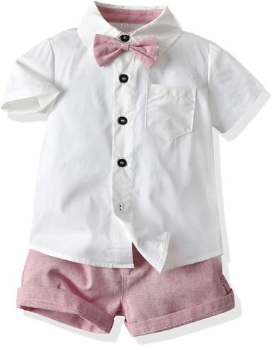 Baby Boy Suspender Clothes Set with Bow Tie Toddler Wedding 4PCS Outfits Infant Short Sleeve Gentlemen Suits in Saudi Arabia
