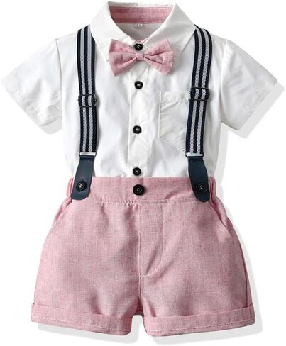 Baby Boy Suspender Clothes Set with Bow Tie Toddler Wedding 4PCS Outfits Infant Short Sleeve Gentlemen Suits in Saudi Arabia