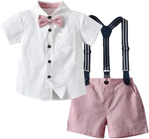 Baby Boy Suspender Clothes Set with Bow Tie Toddler Wedding 4PCS Outfits Infant Short Sleeve Gentlemen Suits in Saudi Arabia