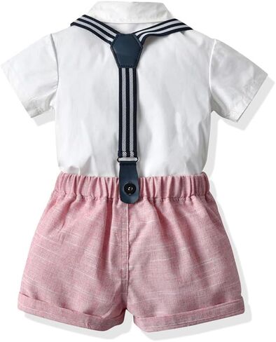 Baby Boy Suspender Clothes Set with Bow Tie Toddler Wedding 4PCS Outfits Infant Short Sleeve Gentlemen Suits in Saudi Arabia
