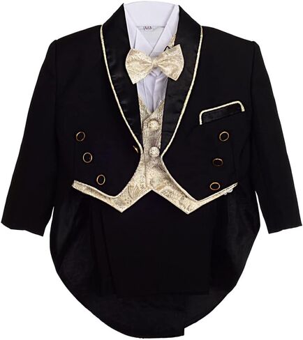Dressy Daisy Baby Boy Classic Tuxedo Suit 5 Pcs Set Formal Dress Wear Wedding Outfit with Gold Jacquard Vest, Black/White in Kuwait