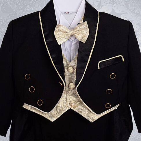 Dressy Daisy Baby Boy Classic Tuxedo Suit 5 Pcs Set Formal Dress Wear Wedding Outfit with Gold Jacquard Vest, Black/White in Kuwait
