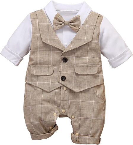 HMD Baby Boy Long Sleeve Gentleman White Shirt Waistcoat Bowtie Tuxedo Onesie Jumpsuit Overall Romper in Saudi Arabia