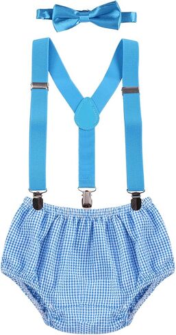IWEMEK Baby Boys First Birthday Cake Smash Outfits Adjustable Clip Y Back Suspenders Bowtie Bloomers Diaper Cover Clothes Set in Saudi Arabia