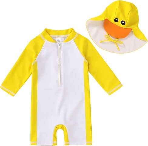 Infant Baby Boy Girl Swimsuit Zipper Rash Guard Swimwear Bathing Suit with Hat UPF 50+ Sun Protection in Kuwait