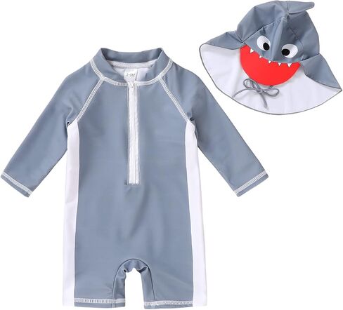 Infant Baby Boy Girl Swimsuit Zipper Rash Guard Swimwear Bathing Suit with Hat UPF 50+ Sun Protection in Kuwait