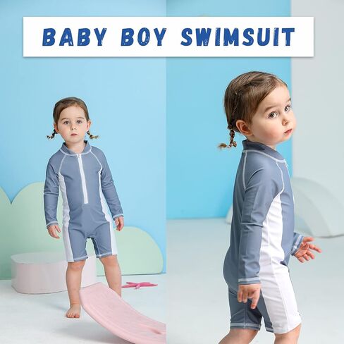 Infant Baby Boy Girl Swimsuit Zipper Rash Guard Swimwear Bathing Suit with Hat UPF 50+ Sun Protection in Kuwait