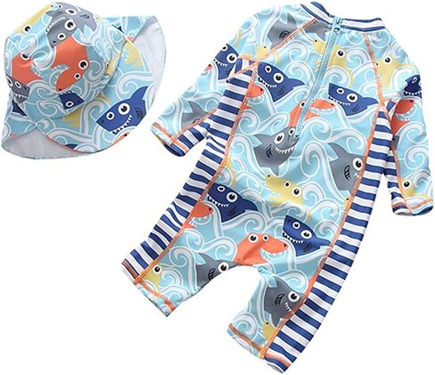 Baby Boys Kids Swimsuit One Piece Toddlers Zipper Bathing Suit Swimwear with Hat in Saudi Arabia