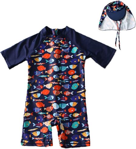 Toddler Baby Boys One Piece Swimsuit Set Rash Guard Sunsuit Sun Protection Summer Swimwear with Hat in Kuwait