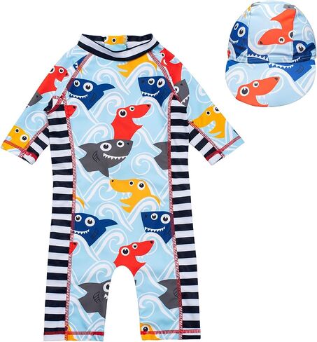 Toddler Baby Boys One Piece Swimsuit Set Rash Guard Sunsuit Sun Protection Summer Swimwear with Hat in Kuwait