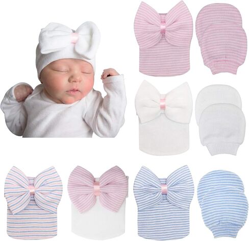 BQUBO Newborn Baby Caps Mittens for Baby Girls Set Hospital Hat Beanie Infant Hats with Bow Baby Scratch Mitten Gloves in Kuwait
