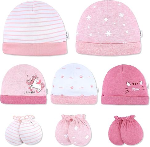 DOKMA Organic Cotton Baby Mittens and Caps Set - Mittens for Newborn 0-6 Months - Ultra Soft, No Scratch - 5 Caps x 3 Mittens in Saudi Arabia