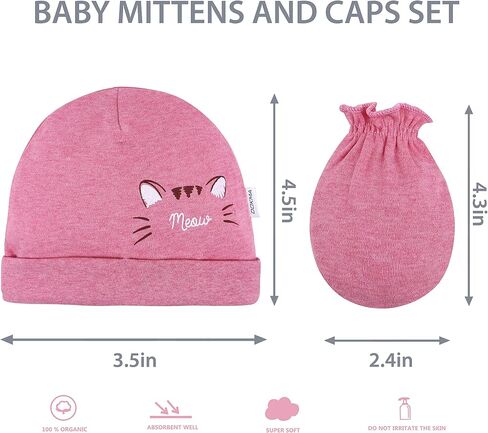 DOKMA Organic Cotton Baby Mittens and Caps Set - Mittens for Newborn 0-6 Months - Ultra Soft, No Scratch - 5 Caps x 3 Mittens in Saudi Arabia