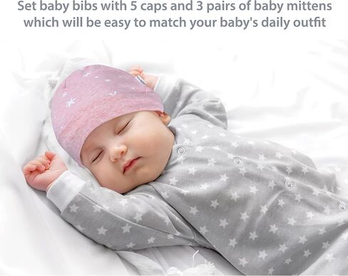 DOKMA Organic Cotton Baby Mittens and Caps Set - Mittens for Newborn 0-6 Months - Ultra Soft, No Scratch - 5 Caps x 3 Mittens in Saudi Arabia