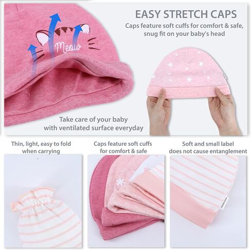 DOKMA Organic Cotton Baby Mittens and Caps Set - Mittens for Newborn 0-6 Months - Ultra Soft, No Scratch - 5 Caps x 3 Mittens in Saudi Arabia