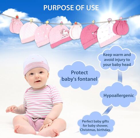 DOKMA Organic Cotton Baby Mittens and Caps Set - Mittens for Newborn 0-6 Months - Ultra Soft, No Scratch - 5 Caps x 3 Mittens in Saudi Arabia