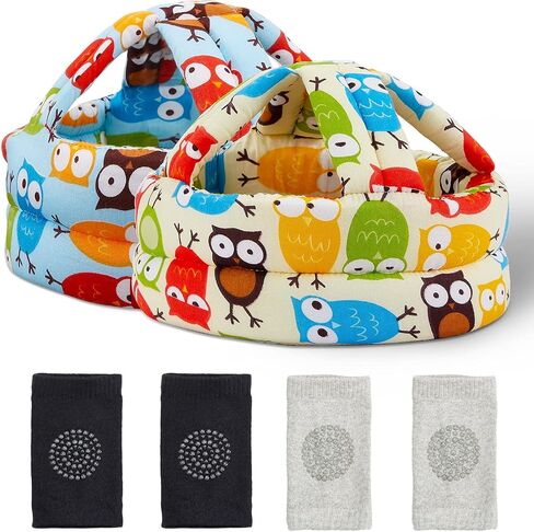 2 Pieces Baby Infant Toddler Helmet for Crawling Walking with 2 Pairs Knee Pads Socks No Bump Baby Toddler Safety Helmet Head Protector for Baby Walking Crawling Running (Owl Style) in Saudi Arabia