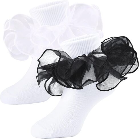 Girls Ruffle Socks Double Lace Frilly Dress Socks Kids Turn Cuff Socks for Toddler Little Girls 2/3 Pack in Saudi Arabia