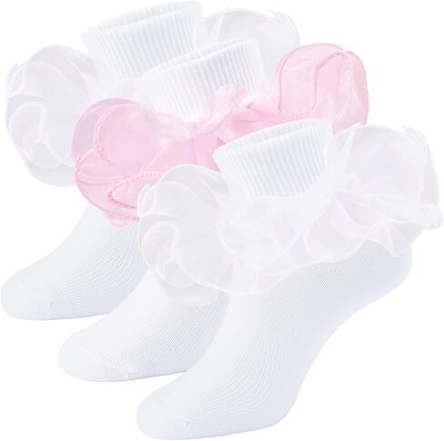Girls Ruffle Socks Double Lace Frilly Dress Socks Kids Turn Cuff Socks for Toddler Little Girls 2/3 Pack in Kuwait