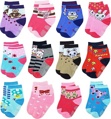 RATIVE Baby Girl Non Slip Grip Socks 12-Pack Soft Cotton Toddler Girl Socks in Saudi Arabia