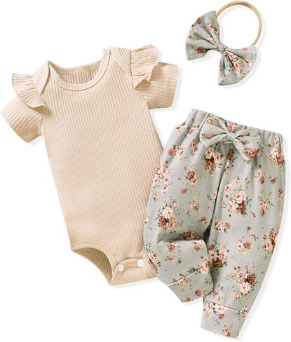 Aalizzwell Baby Girls Ribbed Bodysuit Pants Outfits Spring Summer Clothes in Kuwait