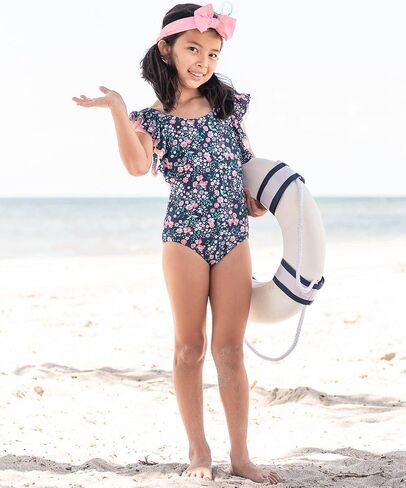 RuffleButts Baby/Toddler Girls Ruffle Strap - One Piece Swimsuit UPF 50+ | 80% Nylon 20% Spandex, High Stretch Fabric, Lightweight Feel, Cross-Back Design, Floral Botanical Print, Adjustable Fit in Saudi Arabia