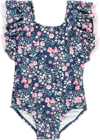 RuffleButts Baby/Toddler Girls Ruffle Strap - One Piece Swimsuit UPF 50+ | 80% Nylon 20% Spandex, High Stretch Fabric, Lightweight Feel, Cross-Back Design, Floral Botanical Print, Adjustable Fit in Saudi Arabia